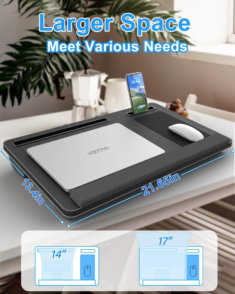 HETTHI Laptop Lap Desk, Portable Large Laptop Desk for Bed, Up to 17 Inch Lap Pad Tray with Wrist Rest, Mouse Pad, Tablet Phone Slot, Portable Handle, Cushion (Black) - Image 2